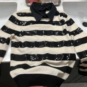 Allison, Olivia striped embellished sweater with black sequined stripes.